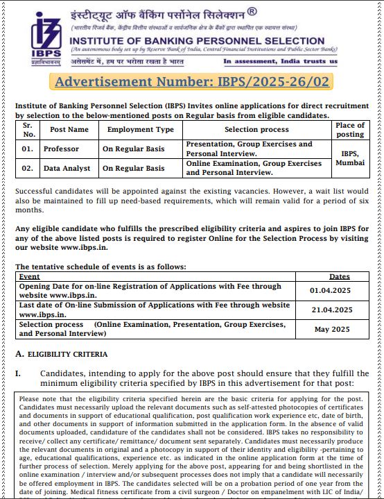 IBPS Professor & Data Analyst Vacancy 2025