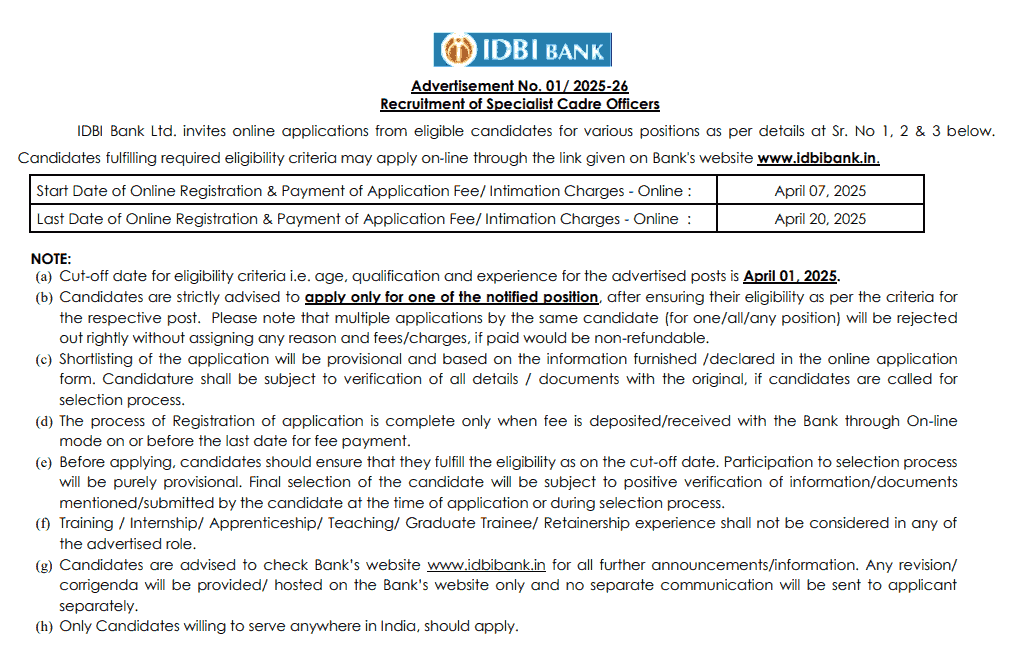 IDBI Bank Specialist Officer Recruitment 2025