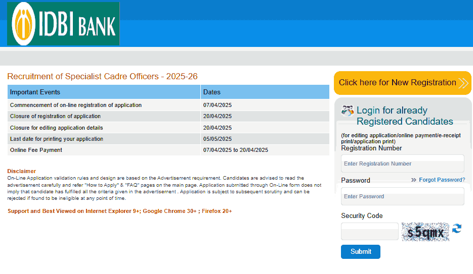 IDBI Bank Specialist Officer Recruitment 2025