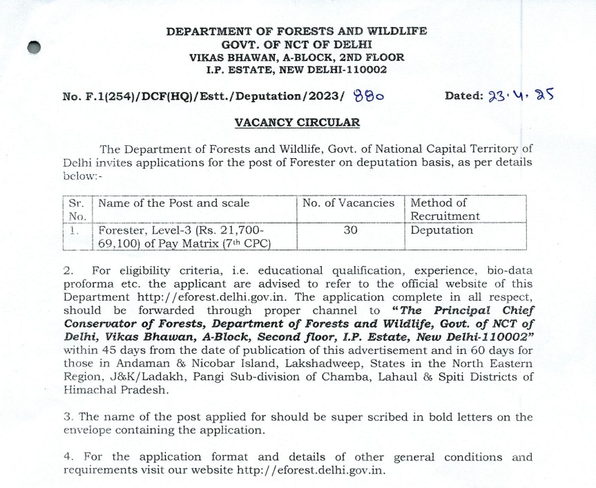 Delhi Van Vibhag New Vacancy