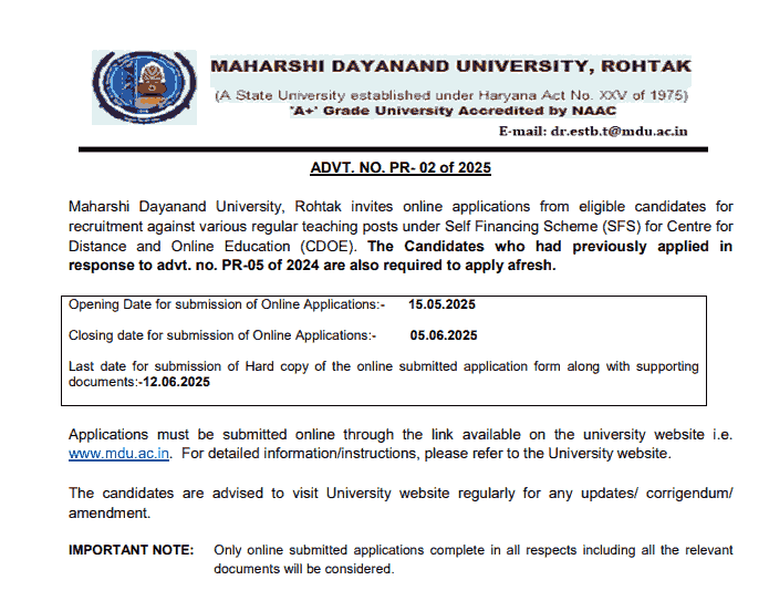 MDU University Rohtak Teaching Notification 2025