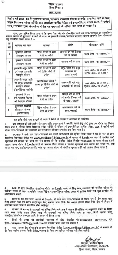 Bihar Board Matric Pass Scholarship 2025