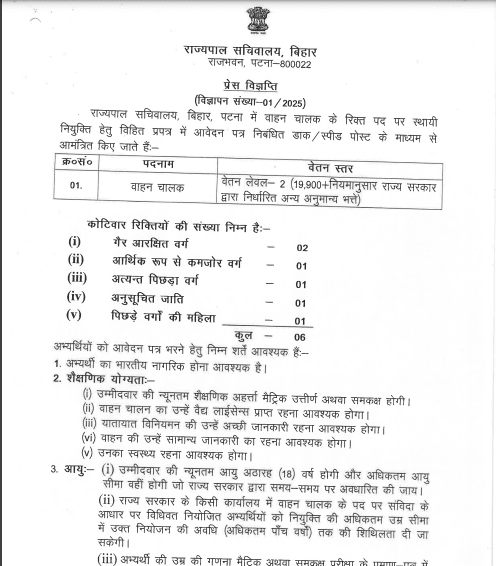 Bihar Sachivalay Driver Bharti 2025