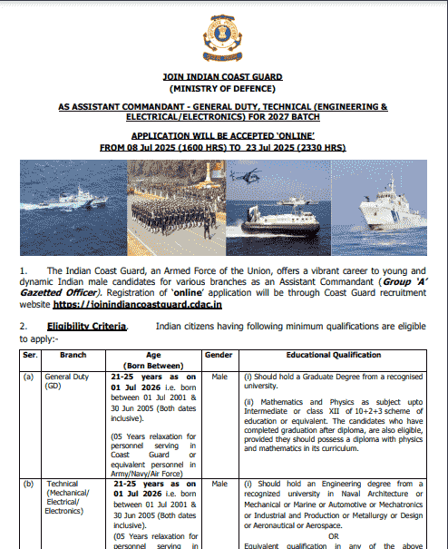Indian Coast Guard Assistant Commandant Vacancy 2025