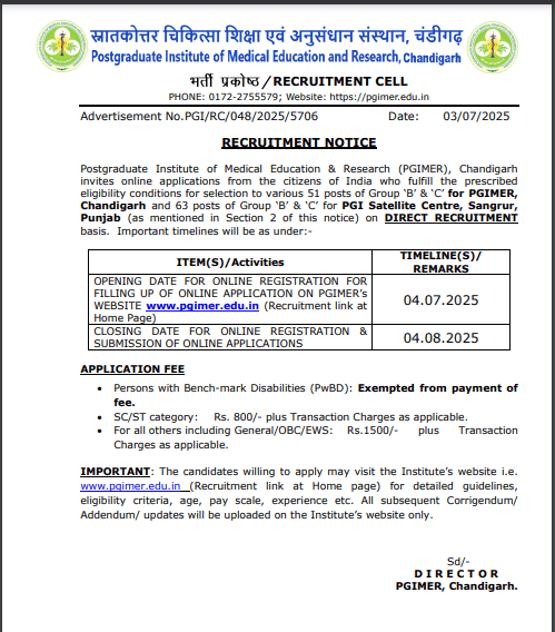 PGIMER Group B And C Vacancy 2025