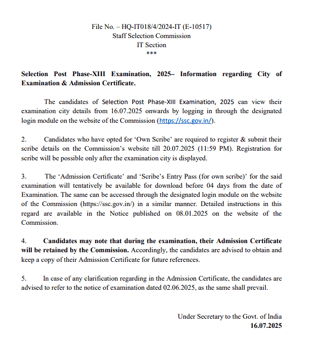 SSC Phase 13 Exam City Slip 2025