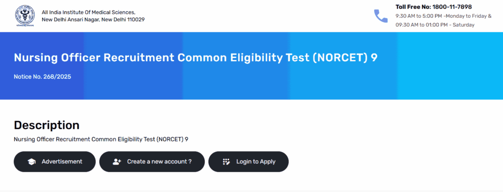 AIIMS NORCET 9 Nursing Officer Recruitment 2025