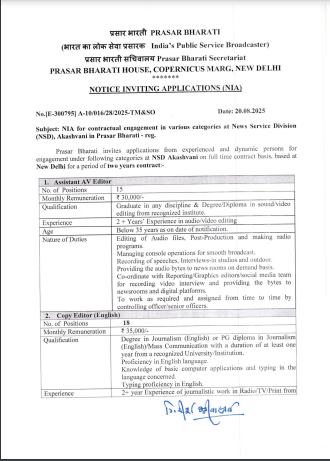 Prasar Bharati Vacancy 2025