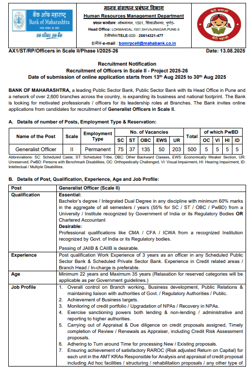 Bank of Maharashtra Recruitment 2025