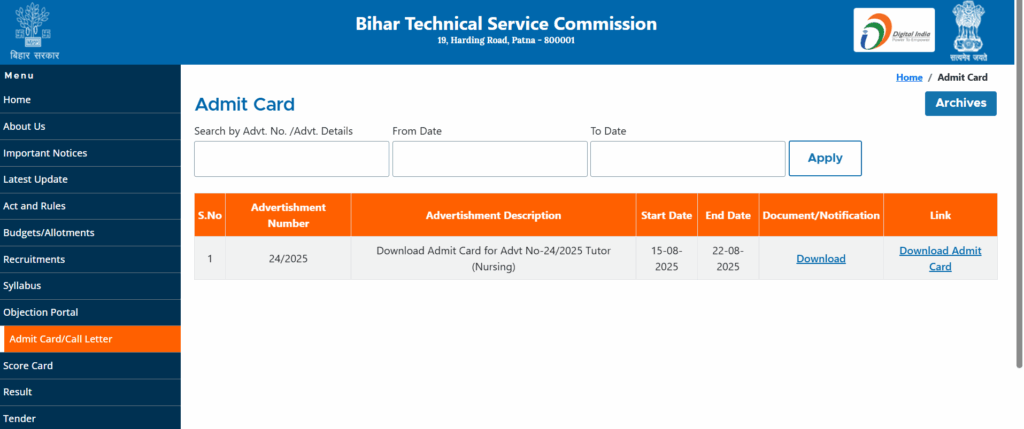Bihar BTSC Tutor Nursing Admit Card 2025