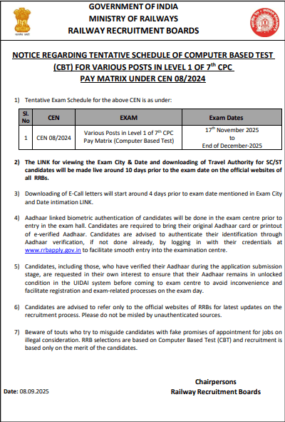 RRB Railway Group D Exam City Slip 2025