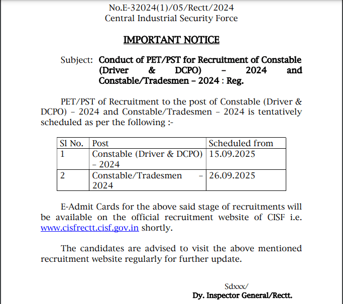 CISF Constable Tradesman Physical Date 2025