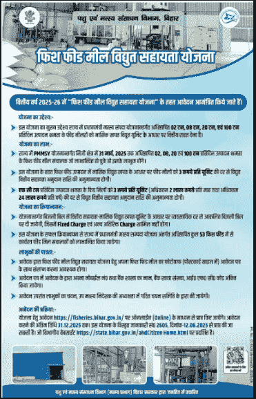 Bihar Fish Feed Mill Vidyut Sahayata Yojana 2025