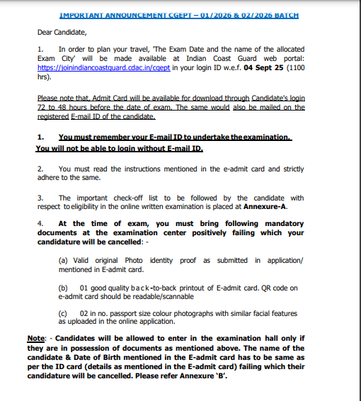 Indian Coast Guard Navik Exam City Slip 2025