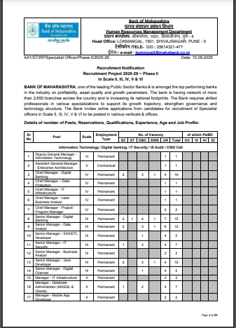 Bank of Maharashtra SO Recruitment 2025