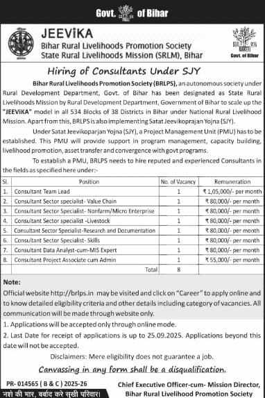 Bihar Jeevika Consultant Vacancy 2025