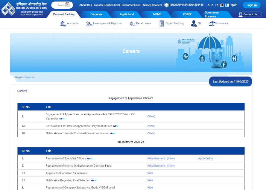 Indian Overseas Bank SO Vacancy 2025