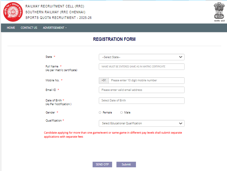 RRC Southern Railway Sports Quota Vacancy 2025