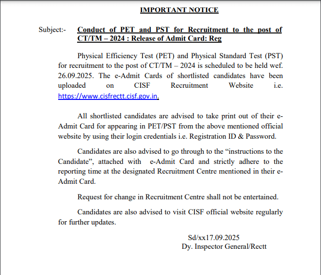 CISF Constable Tradesmen PET / PST Admit Card 2025