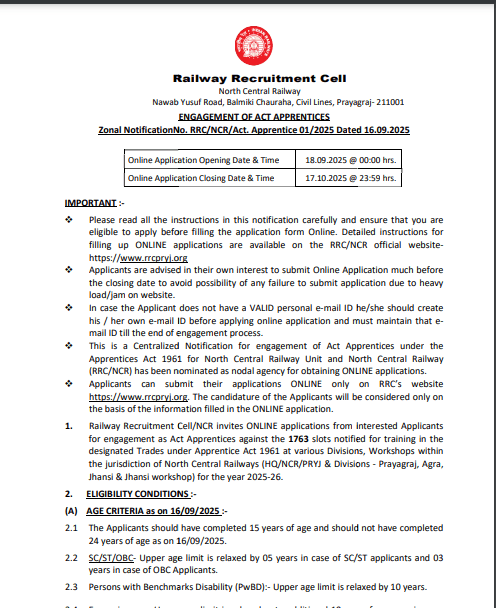 RRC NCR Act Apprentices Vacancy 2025