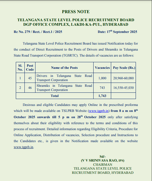TSRTC Driver And Shramik Notification 2025