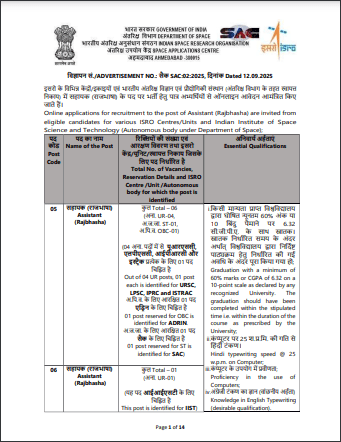 ISRO SAC Assistant Rajbhasha Vacancy 2025