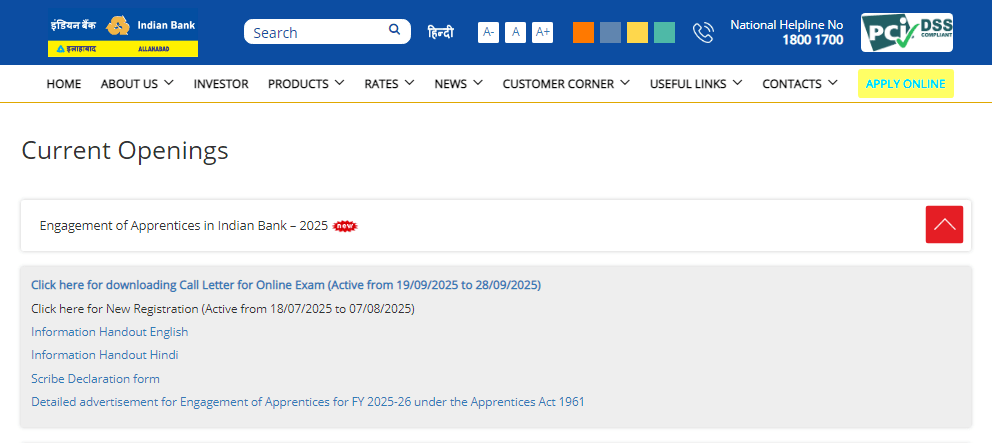 Indian Bank Apprentice Admit Card 2025