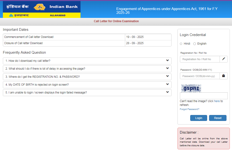 Indian Bank Apprentice Admit Card 2025