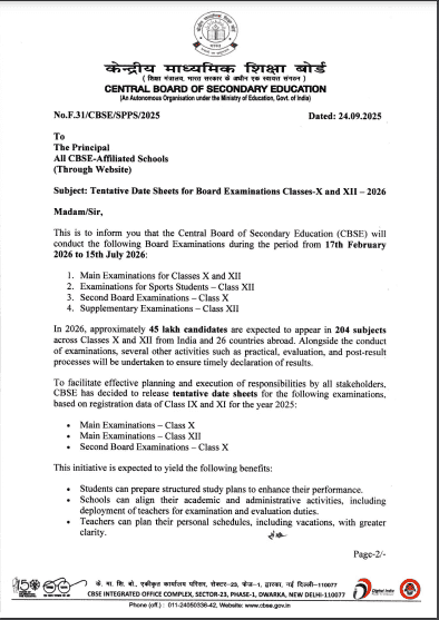 CBSE Class 10th And 12th Exam Date Sheet 2026