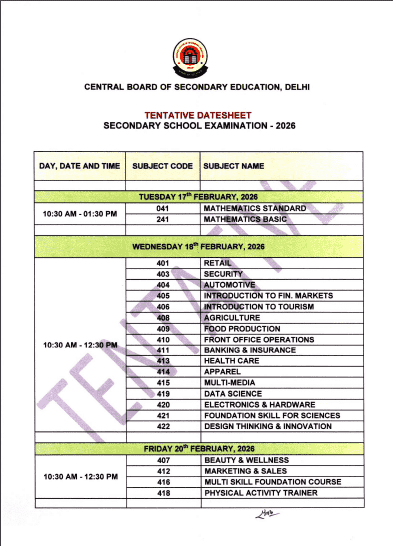 CBSE Class 10th And 12th Exam Date Sheet 2026