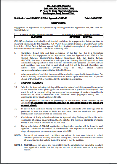 RRC ECR Apprentice Vacancy 2025