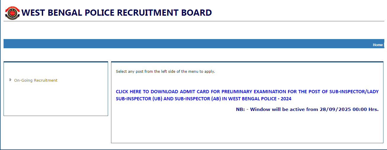WBP SI Admit Card 2025