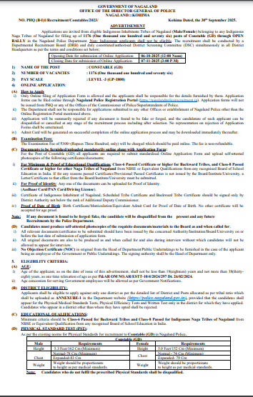 Nagaland Police Constable Vacancy 2025