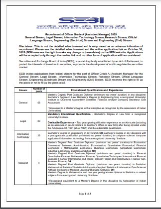 SEBI Grade A Recruitment 2025