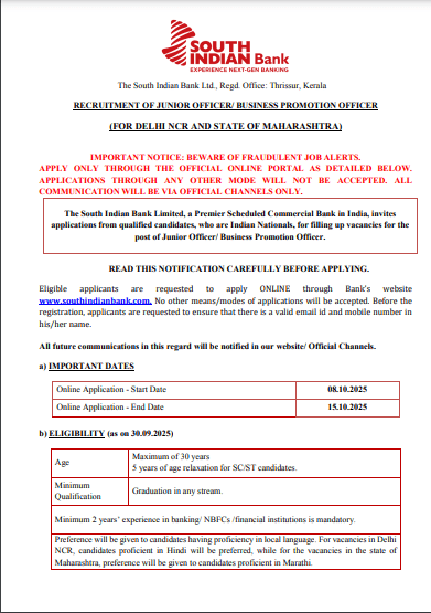 South Indian Bank Junior Officer Recruitment 2025