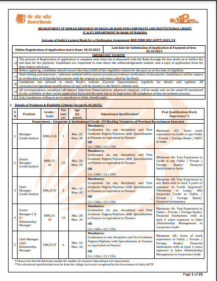 Bank of Baroda Manager Recruitment 2025