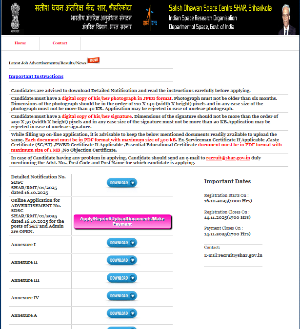 ISRO SDSC Vacancy 2025