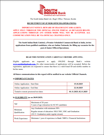South Indian Bank Vacancy 2025