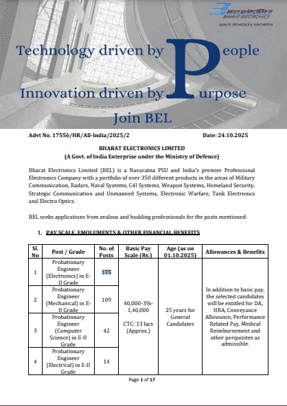 BEL Probationary Engineer Recruitment 2025