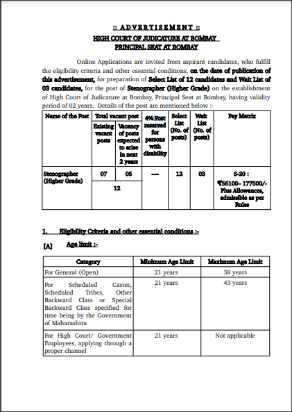 Bombay High Court Stenographer Vacancy 2025