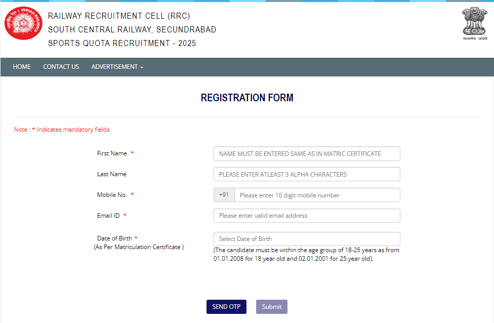 RRC South Central Railway Sports Quota Vacancy 2025