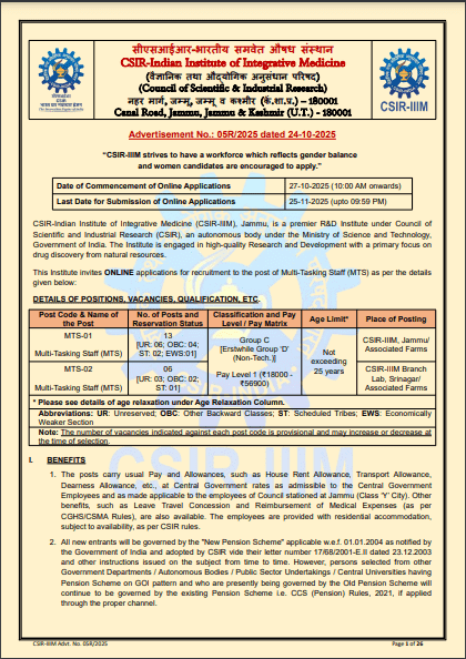 CSIR IIIM MTS Vacancy 2025