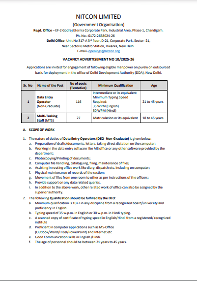 NITCON DEO & MTS Recruitment 2025