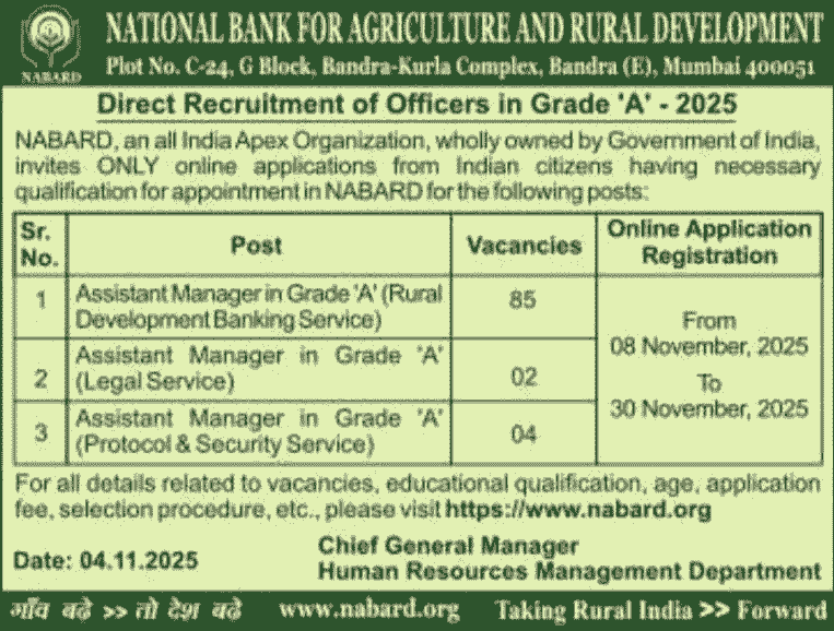 NABARD Grade ‘A’ Assistant Manager Recruitment 2025