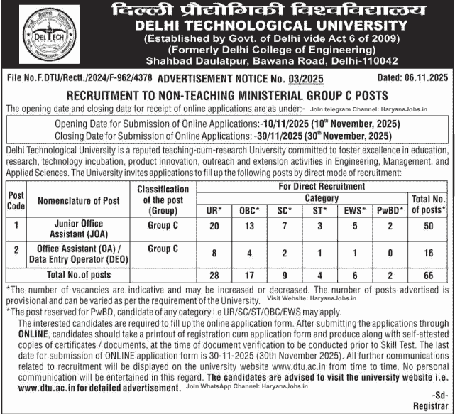 DTU Delhi Non Teaching Vacancy 2025