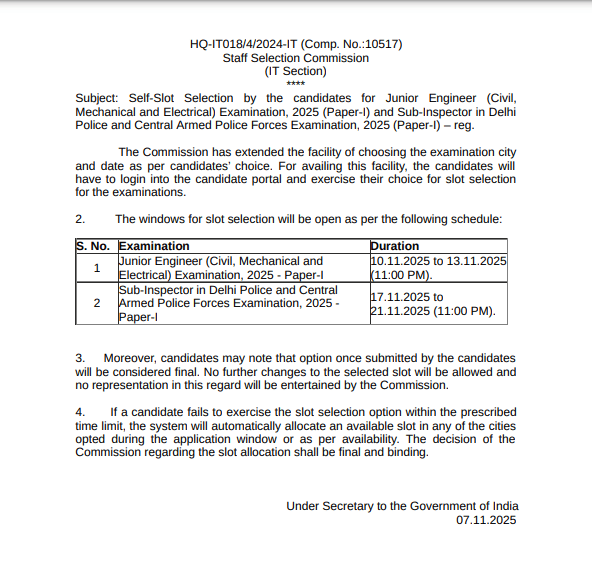 SSC JE Self Slot Selection 2025