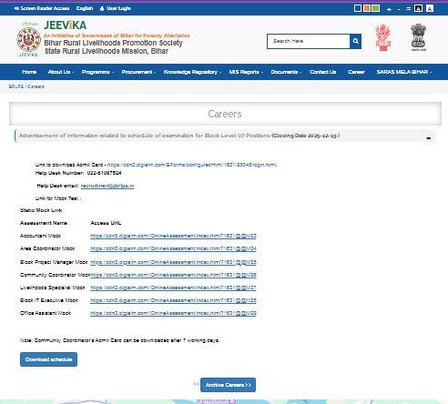 Bihar Jeevika Exam Schedule For All Post & Mock Test Jari