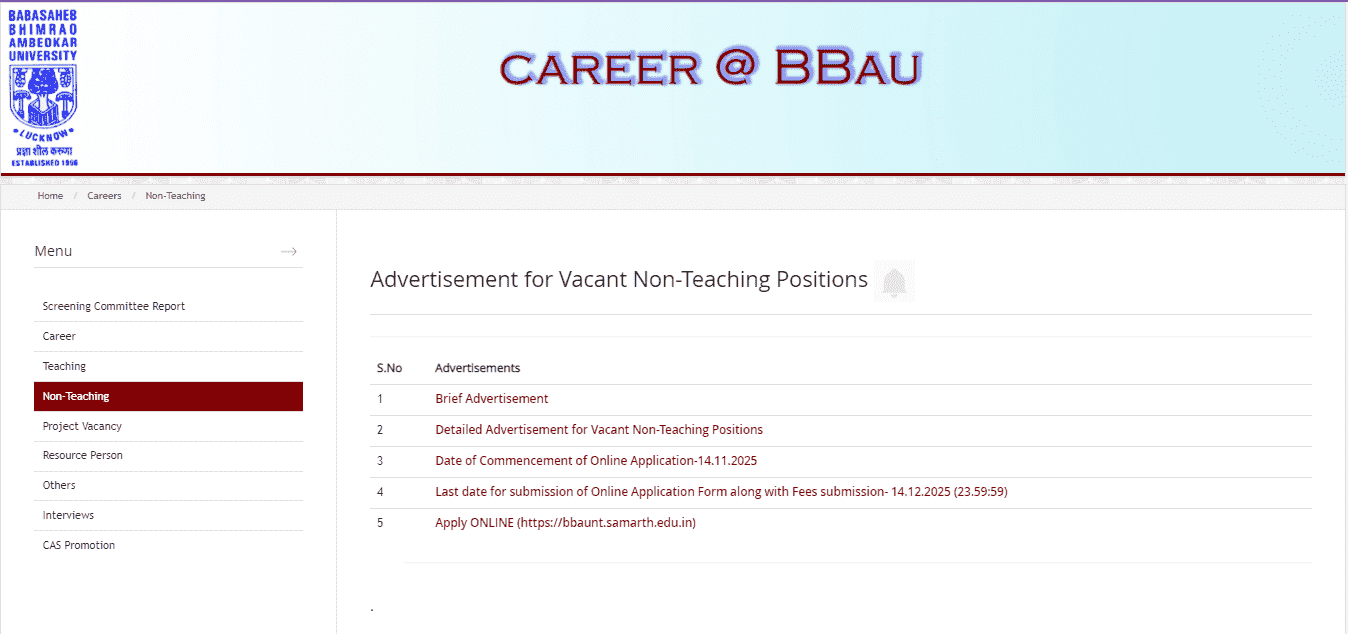 BBAU Non-Teaching Recruitment 2025