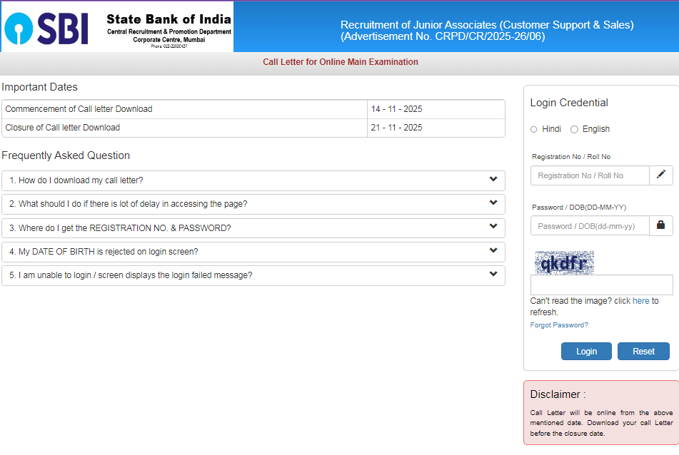 SBI Clerk Mains Admit Card 2025