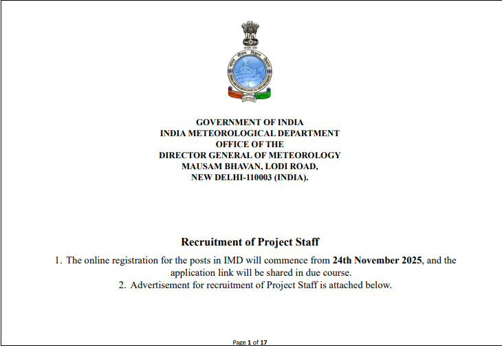 Indian Metrological Department ( IMD ) Project Staff Vacancy 2025